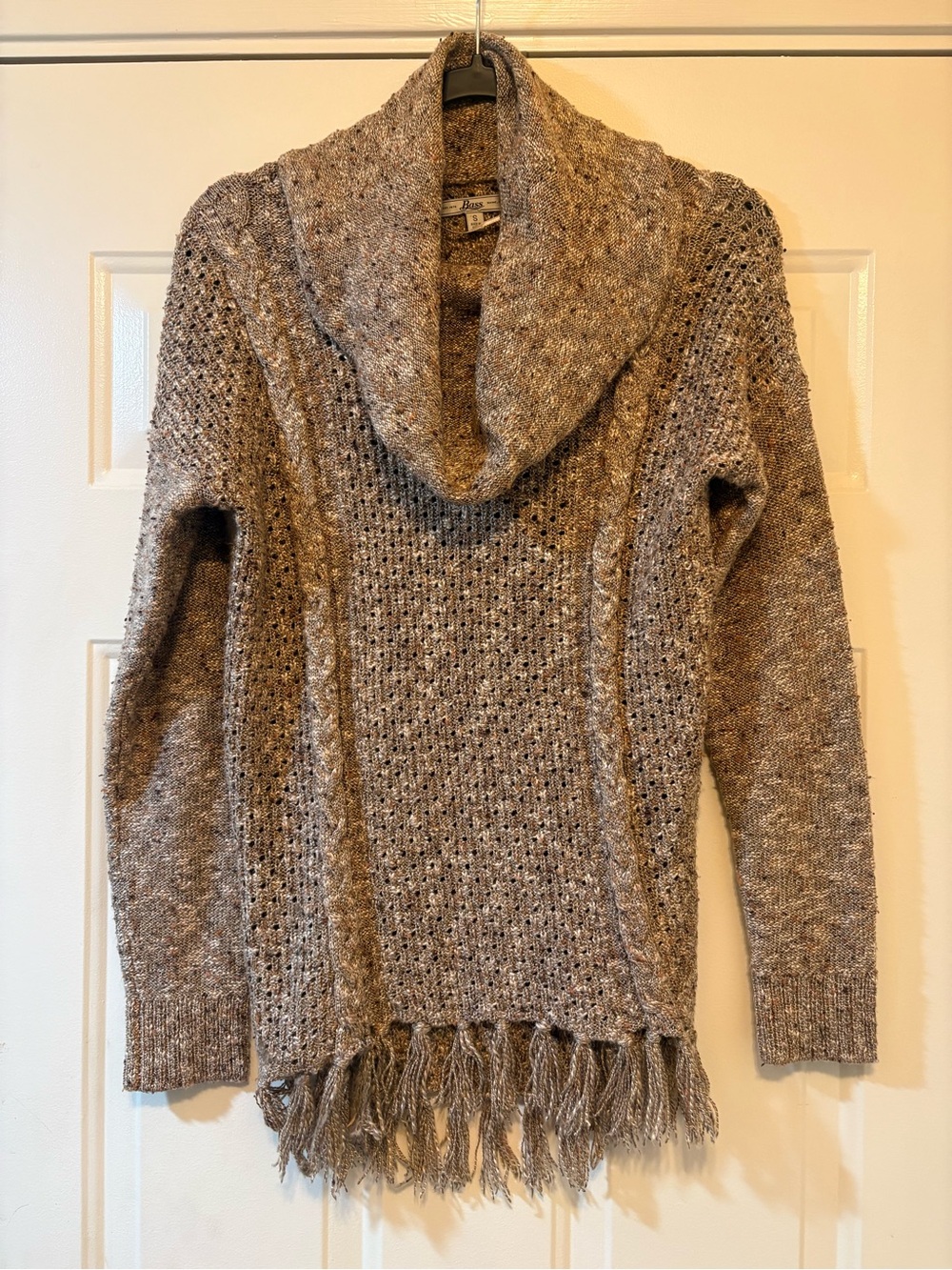 Bass Taupe Marled Cowl Neck Fringe Sweater